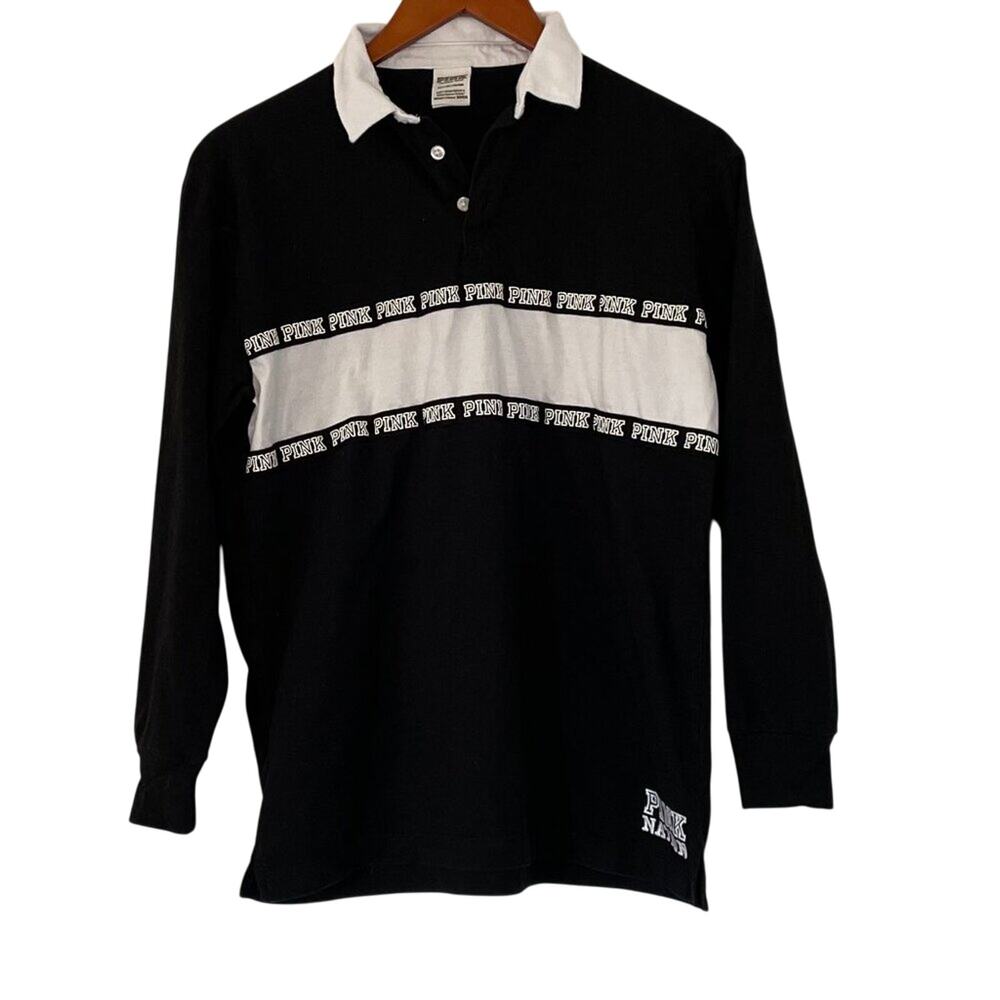 Victoria's Secret PINK Black White Rugby Stripe Polo Collar Shirt, Sporty, S